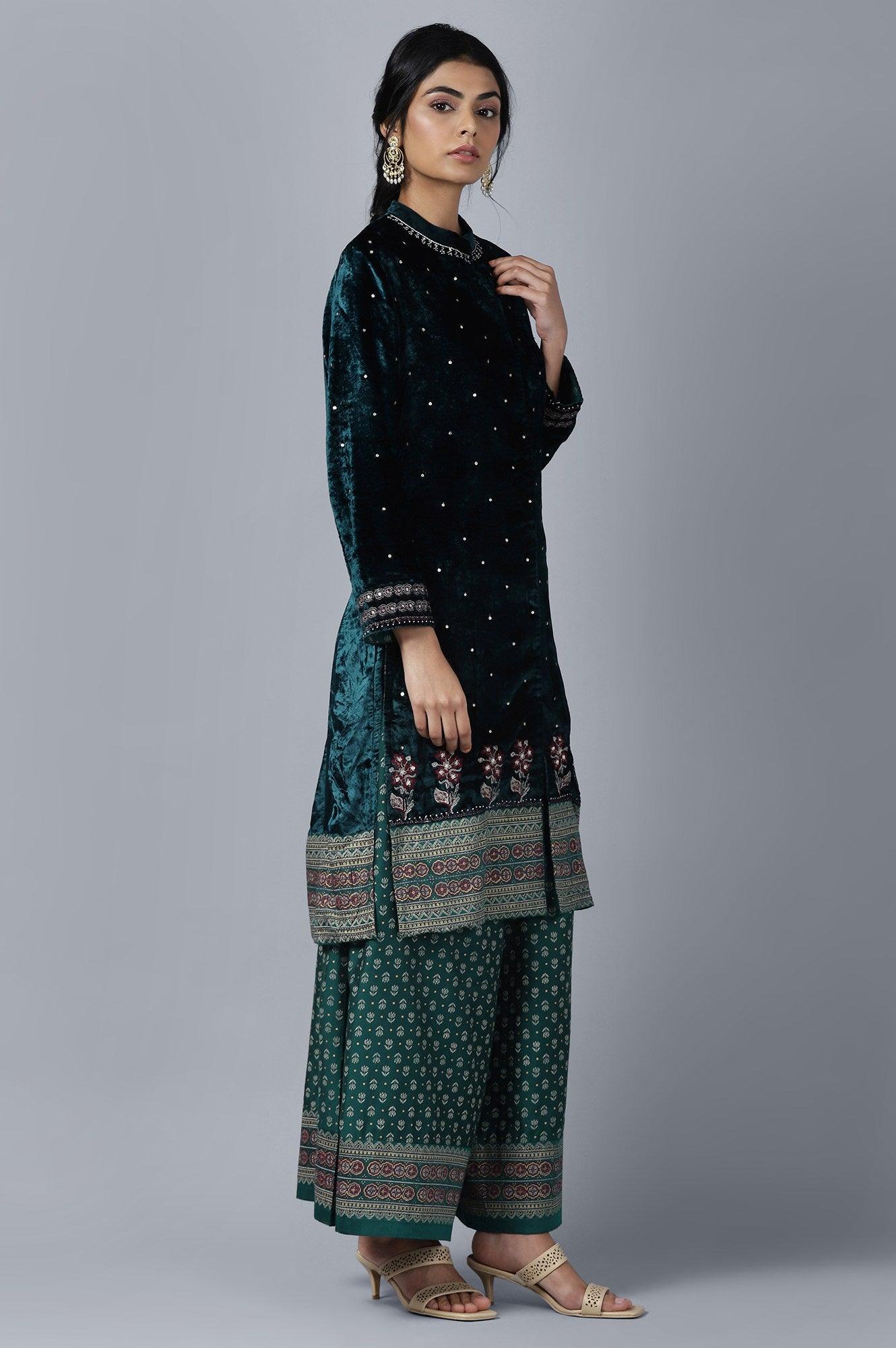 Dark Green Velvet kurta Parallel Pants Set - wforwoman