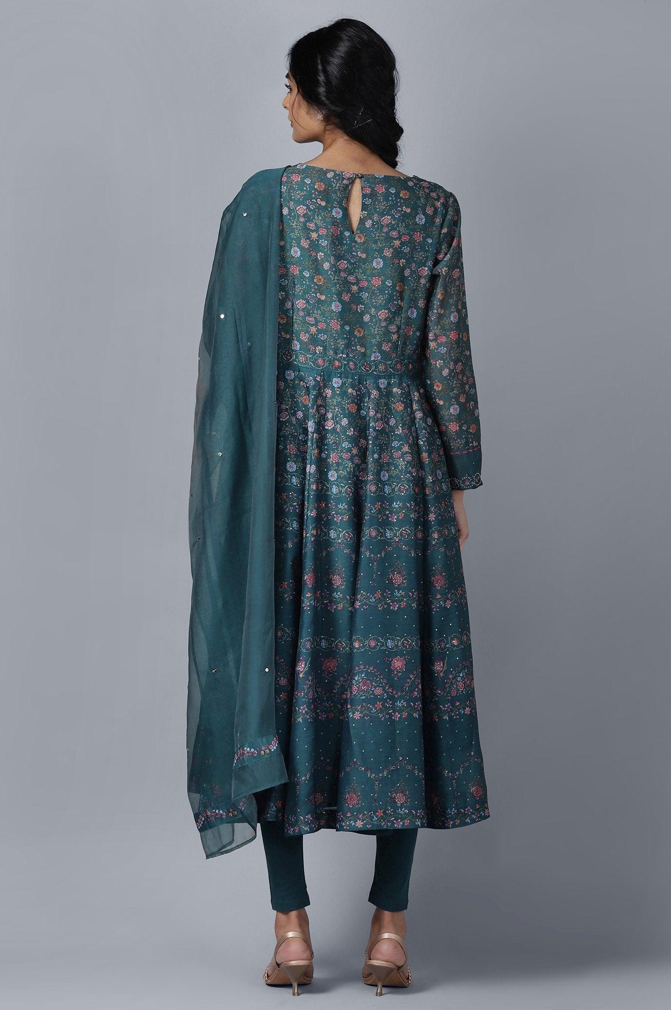 Dark Green Anarkali kurta Tights Dupatta Set - wforwoman