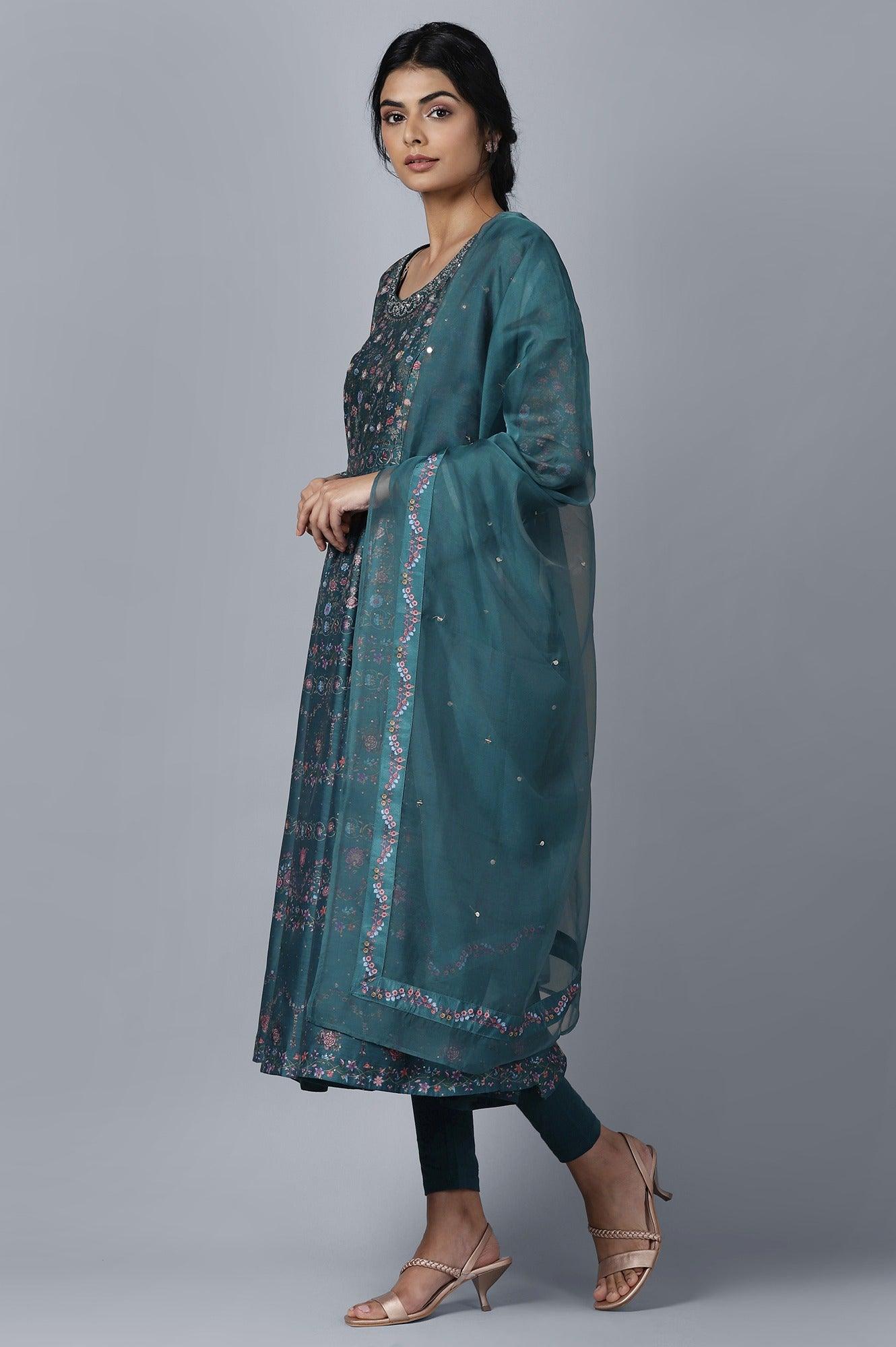 Dark Green Anarkali kurta Tights Dupatta Set - wforwoman