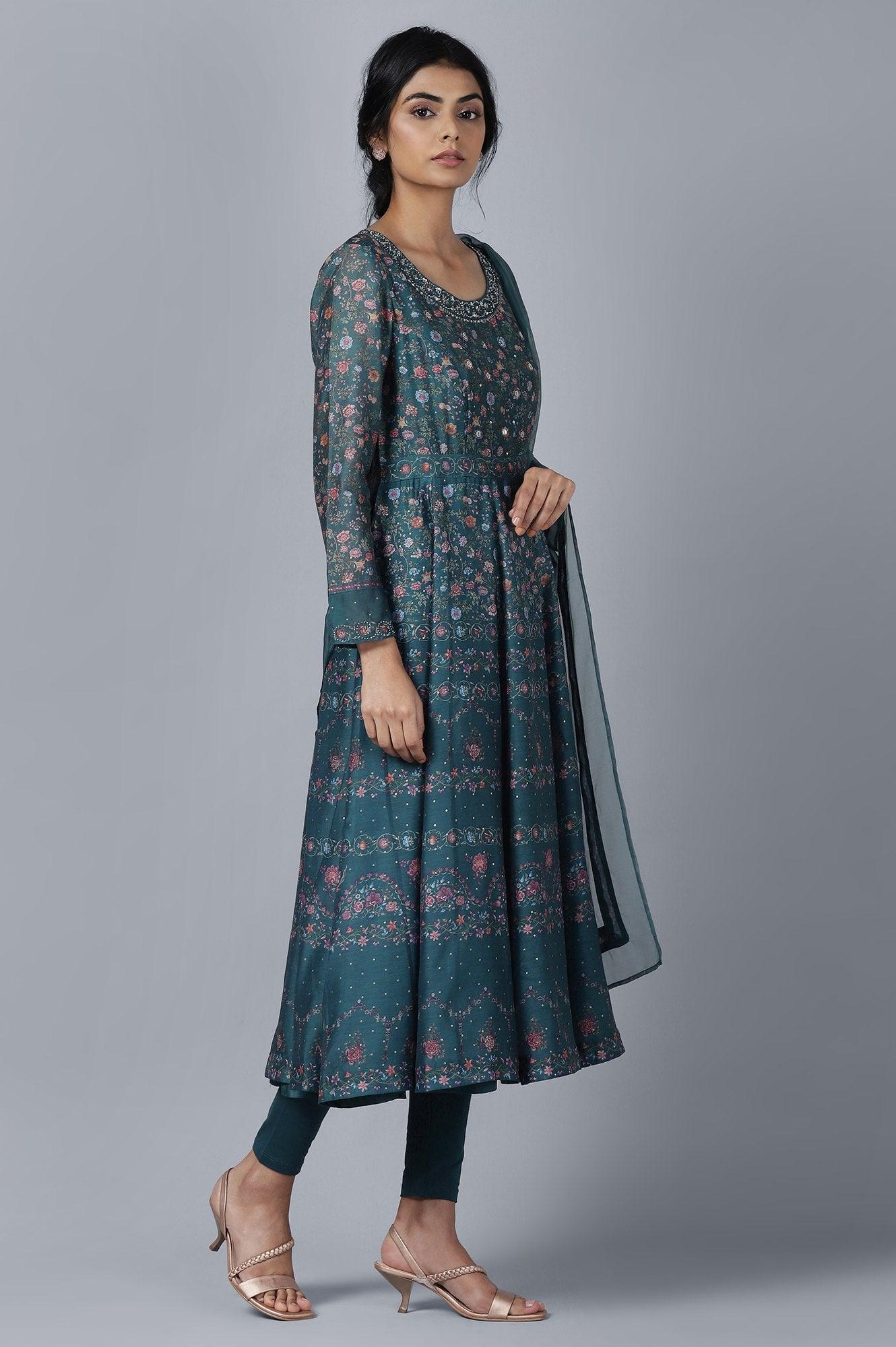 Dark Green Anarkali kurta Tights Dupatta Set - wforwoman