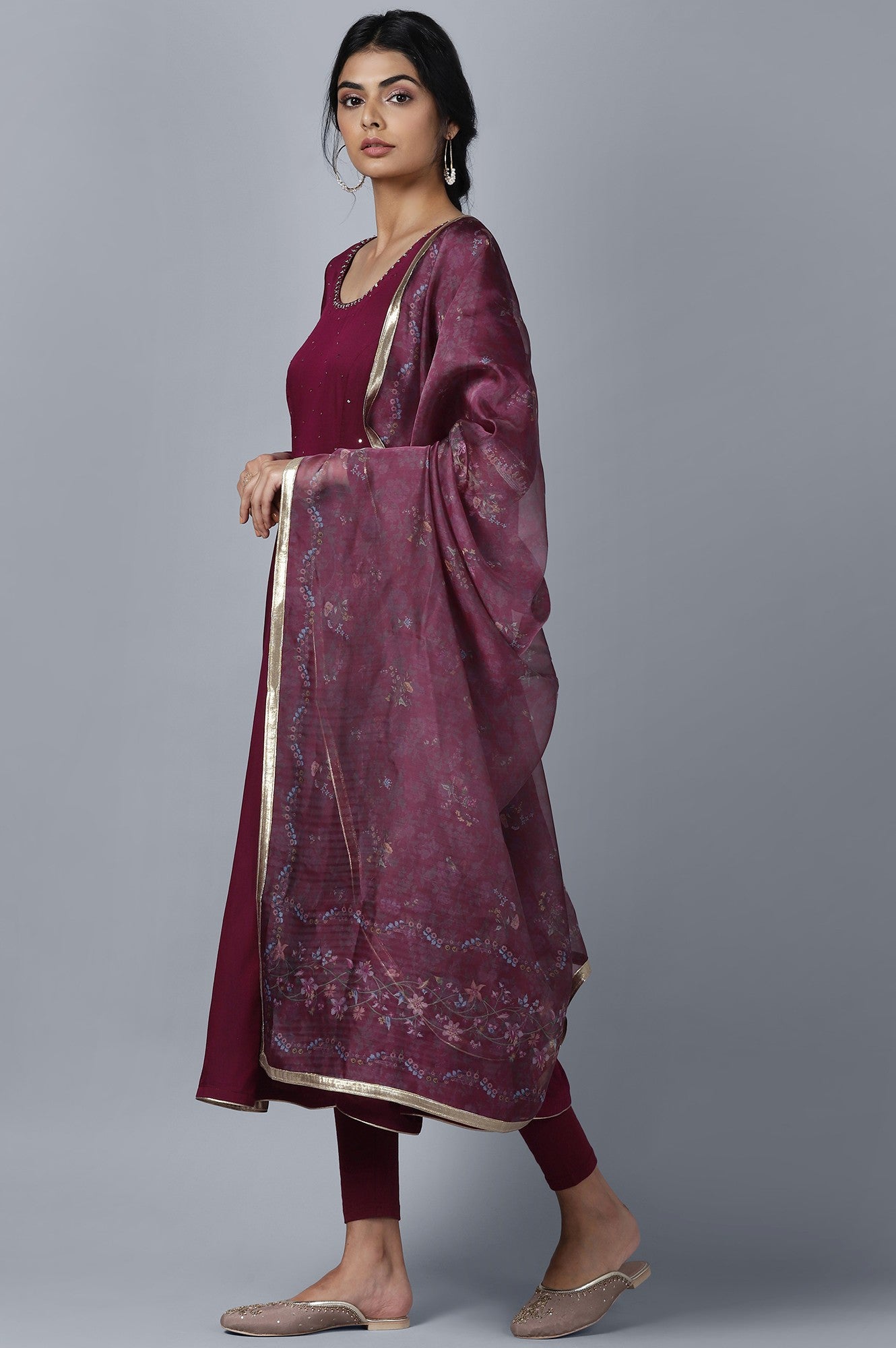 Maroon Anarkali kurta Tights Dupatta Set