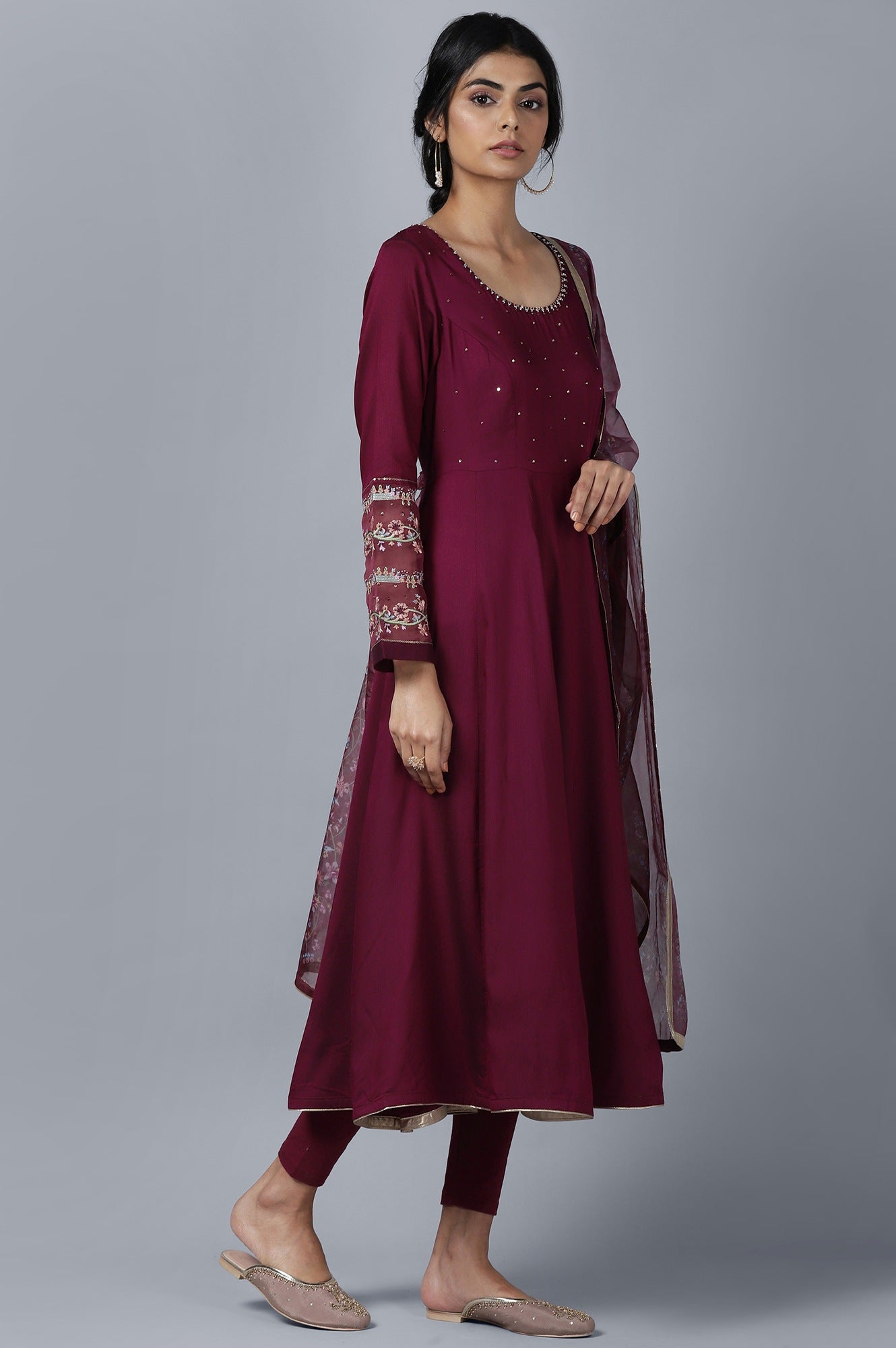 Maroon Anarkali kurta Tights Dupatta Set