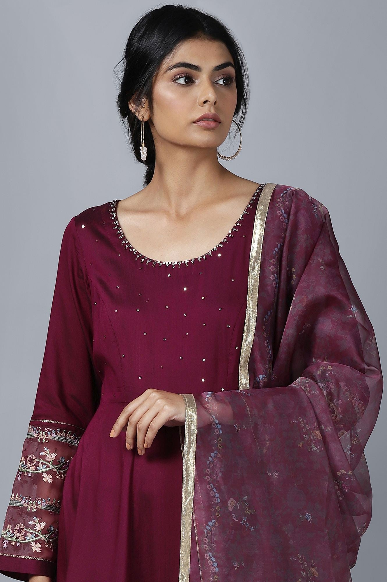 Maroon Anarkali kurta Tights Dupatta Set