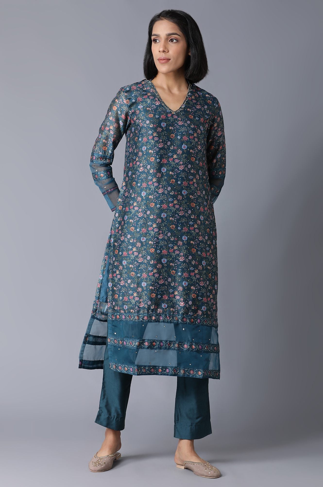 Dark Green Floral Print kurta With Pants (Wishful X Rahul Mishra)