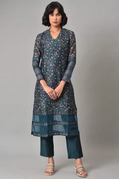 Dark Green Floral Print kurta With Pants (Wishful X Rahul Mishra)