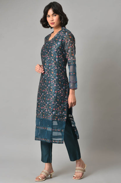 Dark Green Floral Print kurta With Pants (Wishful X Rahul Mishra)