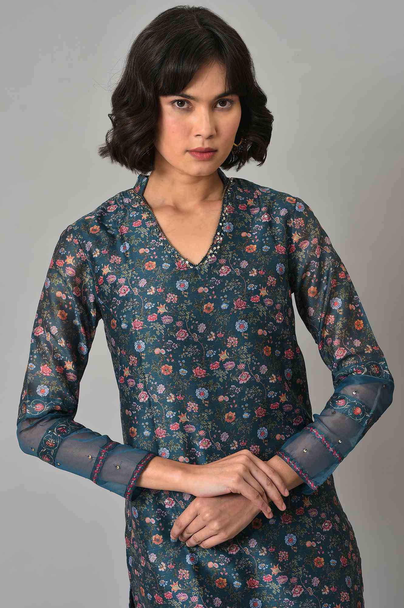 Dark Green Floral Print kurta With Pants (Wishful X Rahul Mishra)