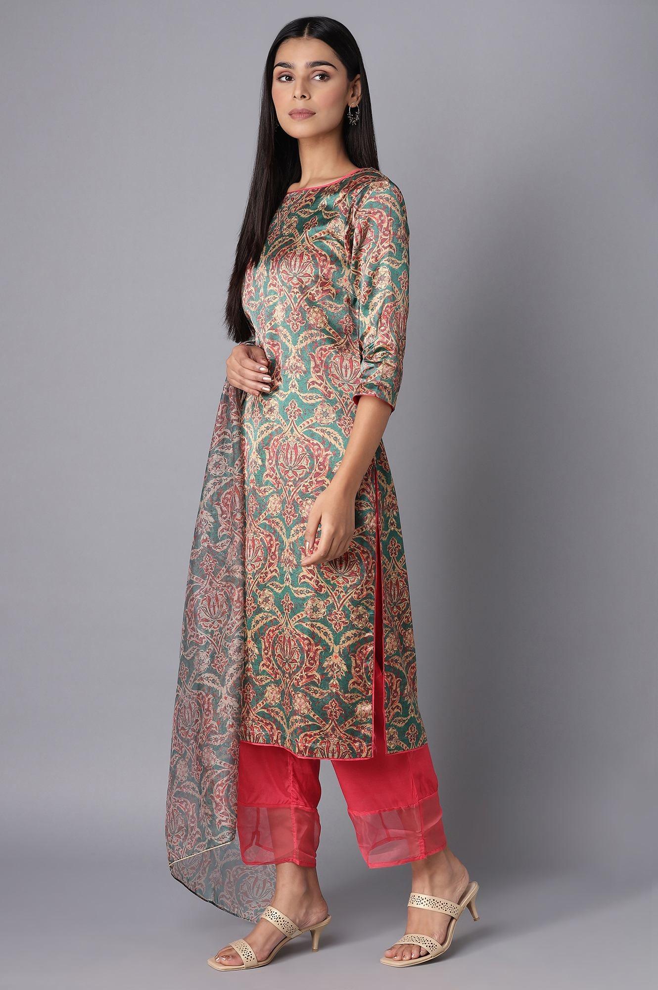 Pine Green kurta-Slim Pant-Dupatta Set - wforwoman