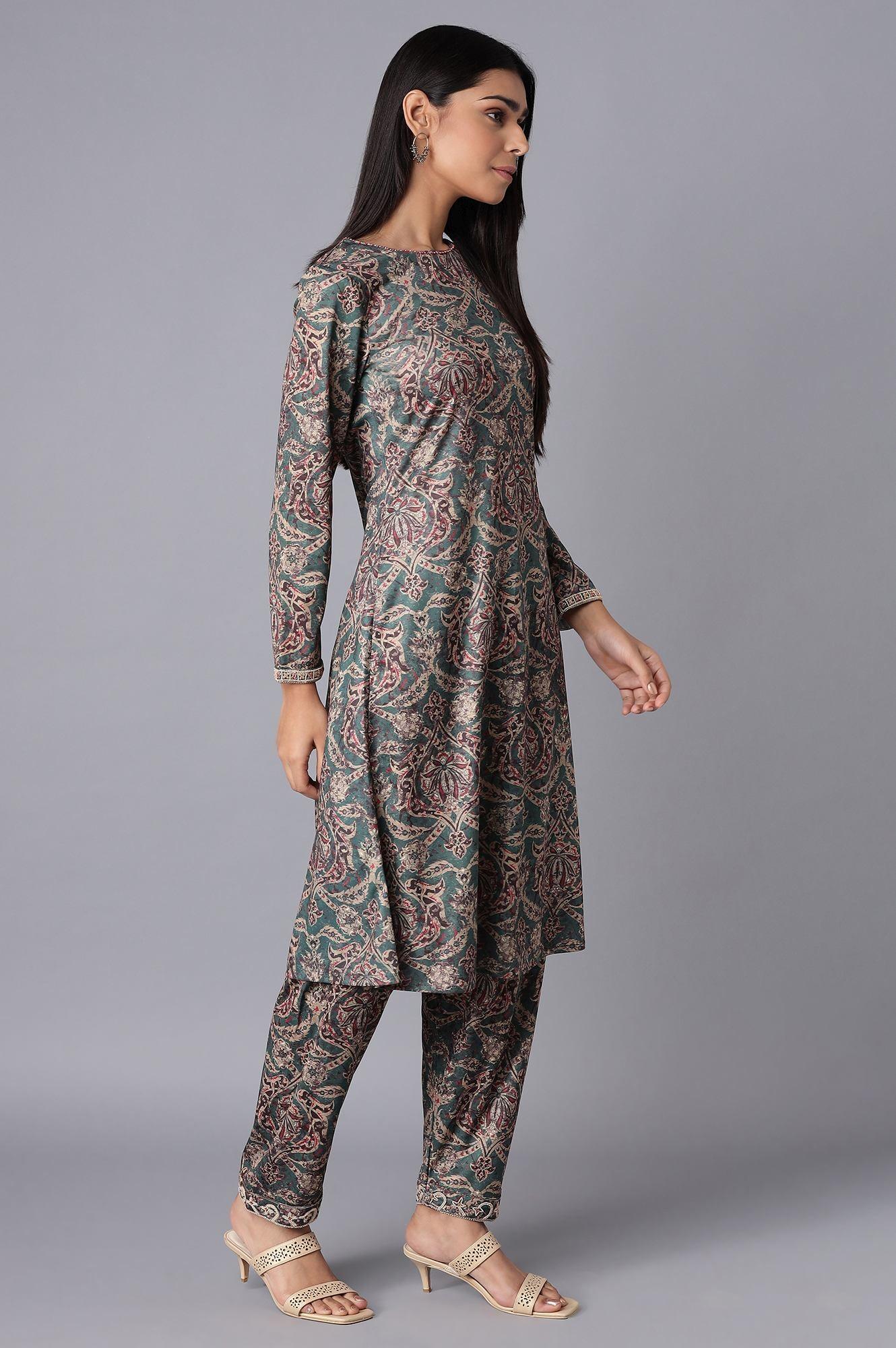 Green kurta and Afgani Salwar Set - wforwoman