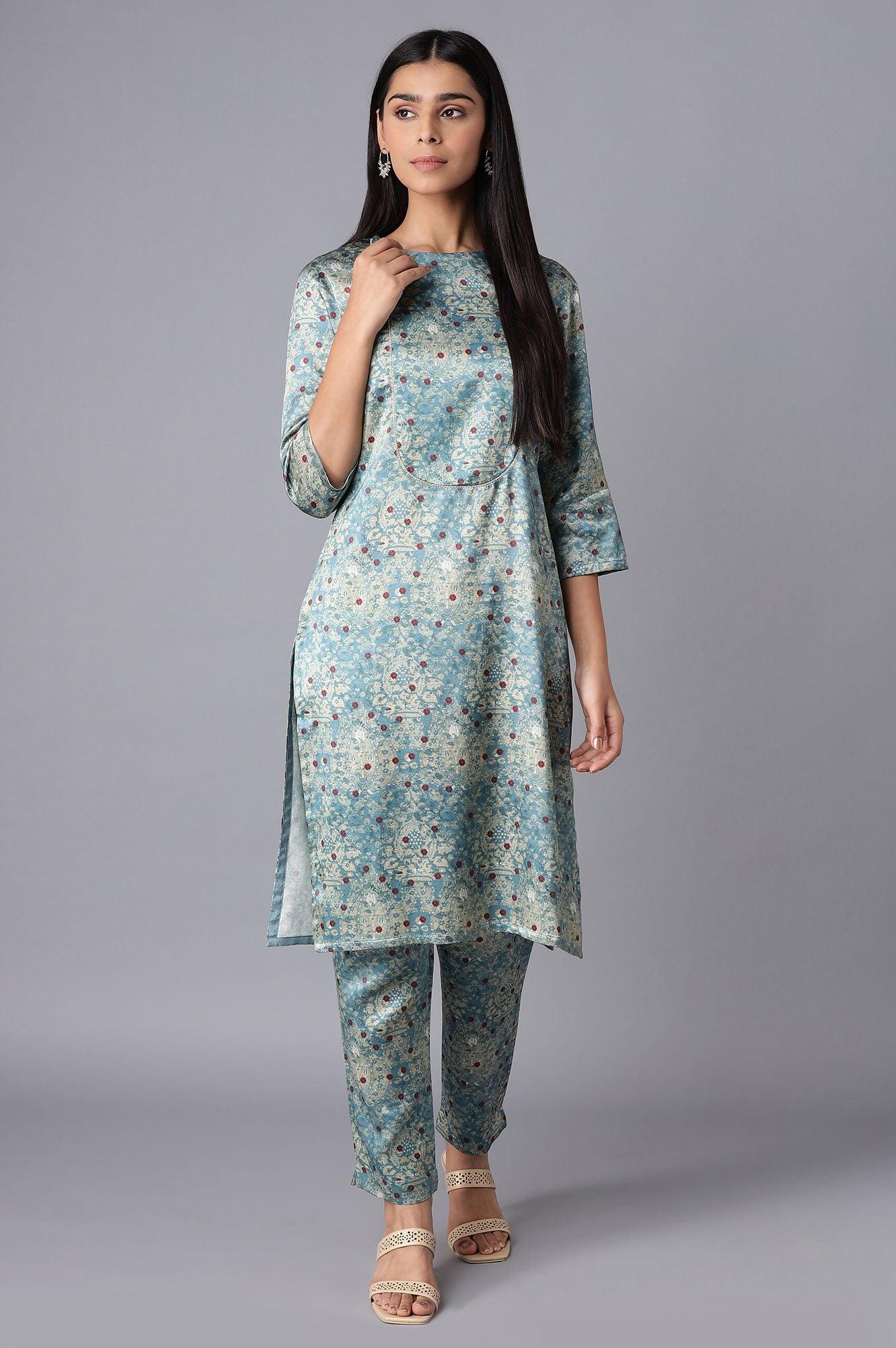 Smoke Blue kurta-Slim Pant Set - wforwoman