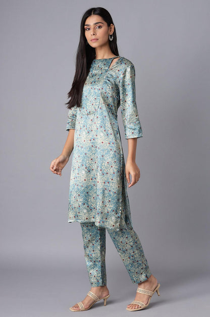 Smoke Blue kurta-Slim Pant Set - wforwoman