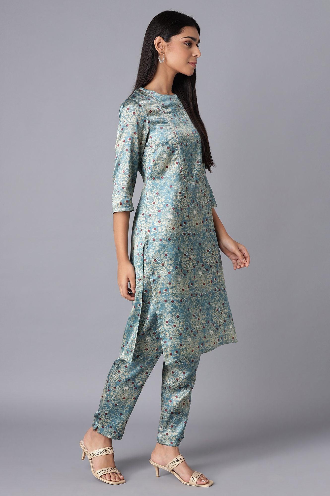 Smoke Blue kurta-Slim Pant Set - wforwoman