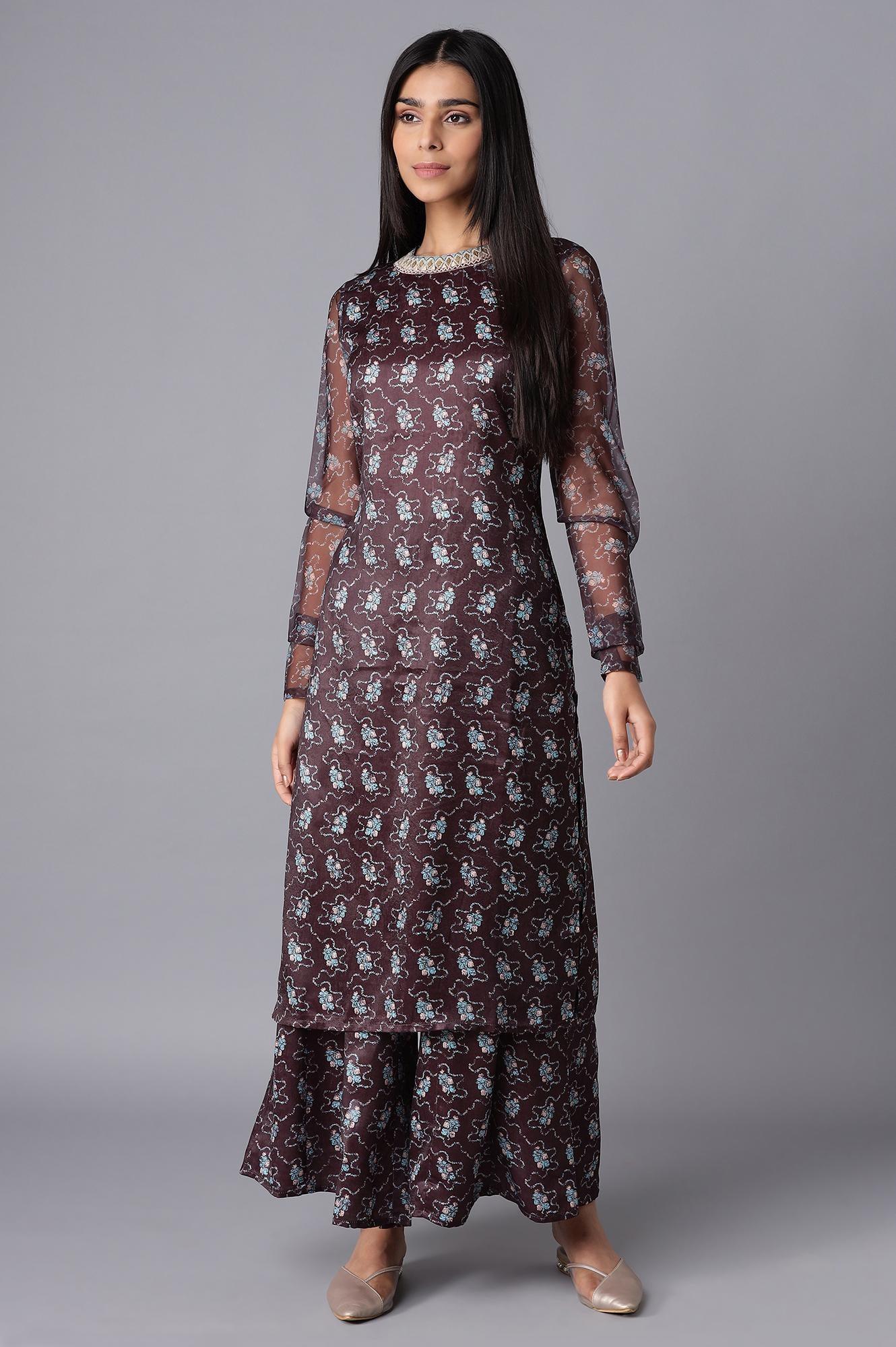 Dark Brown kurta-Flared Pant Set - wforwoman