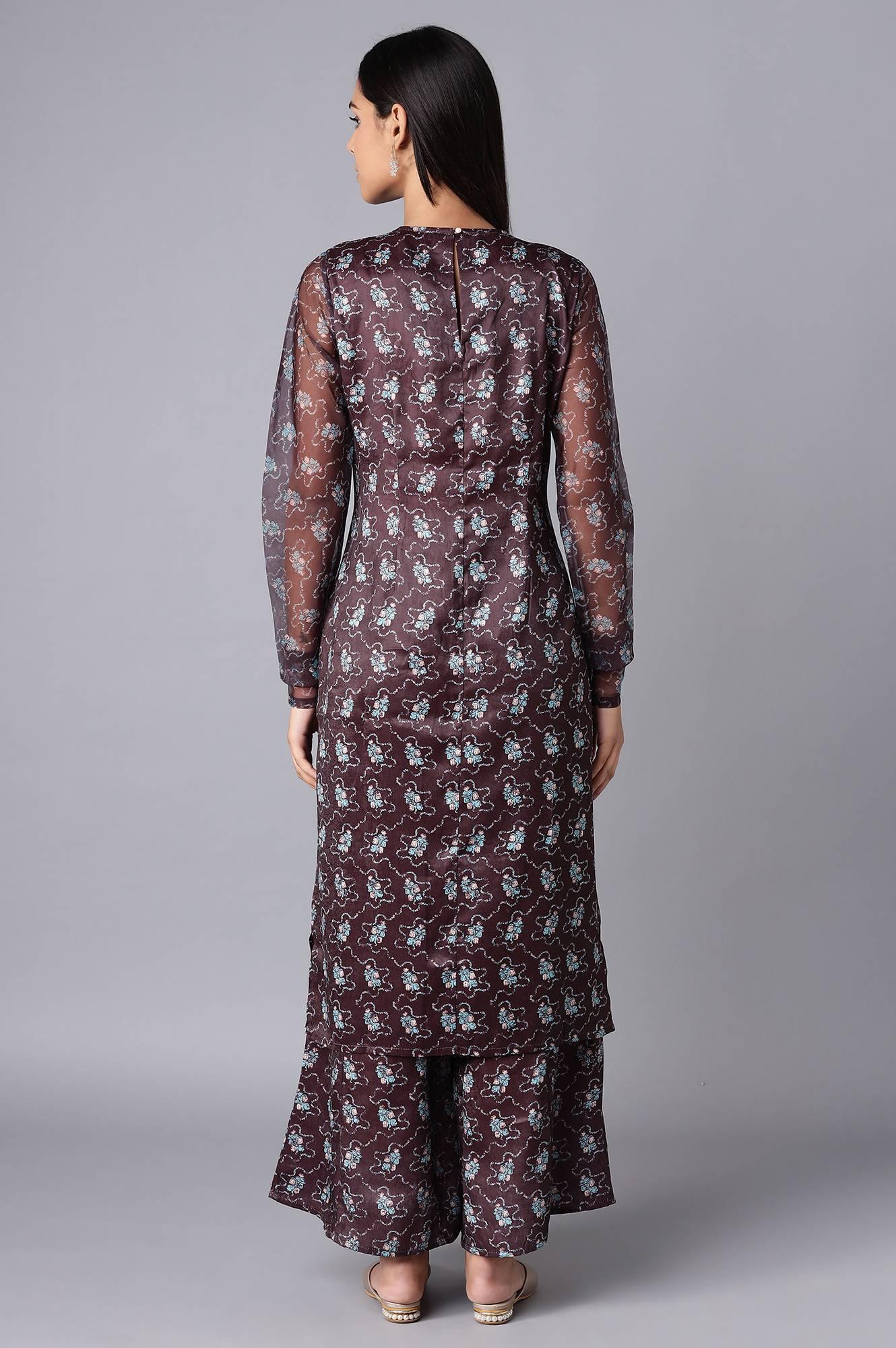 Dark Brown kurta-Flared Pant Set - wforwoman