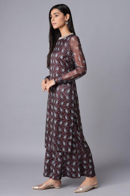 Dark Brown kurta-Flared Pant Set - wforwoman