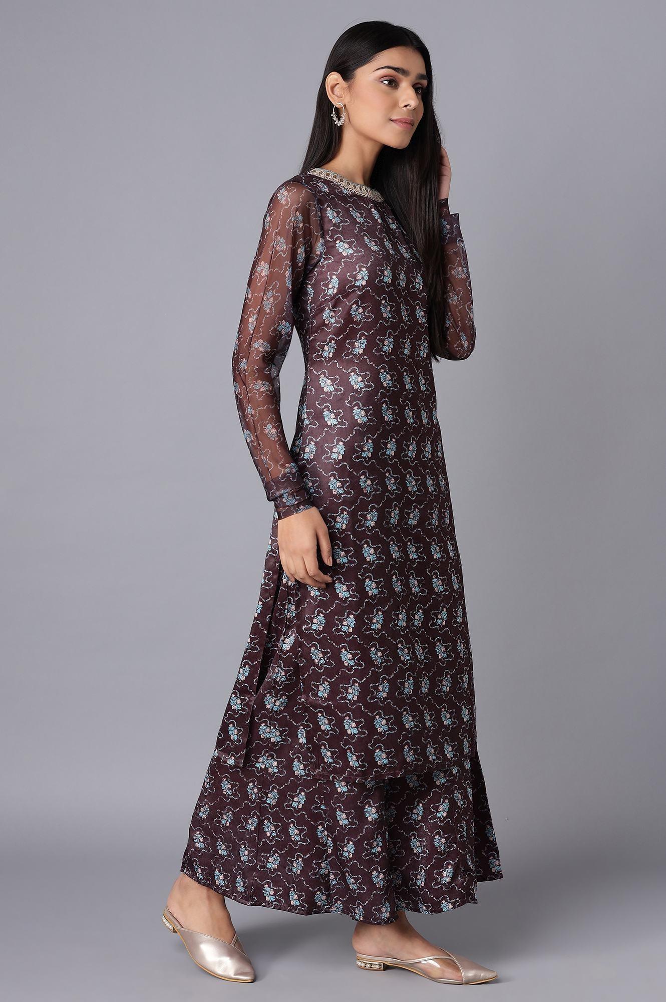 Dark Brown kurta-Flared Pant Set - wforwoman