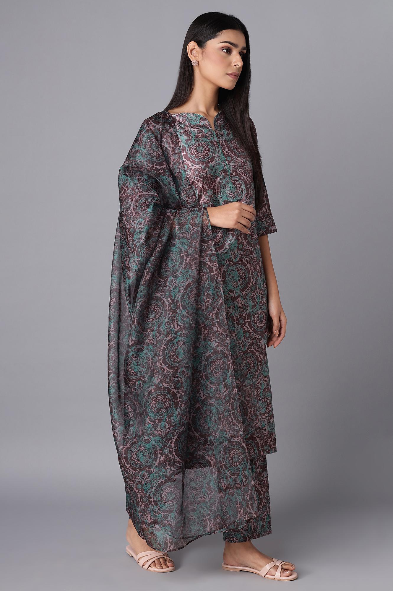 Dark Brown kurta-Slim Pants- Dupatta Set - wforwoman