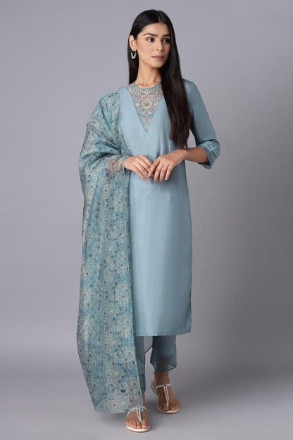 Light Blue kurta-Slim Pant- Dupatta Set - wforwoman