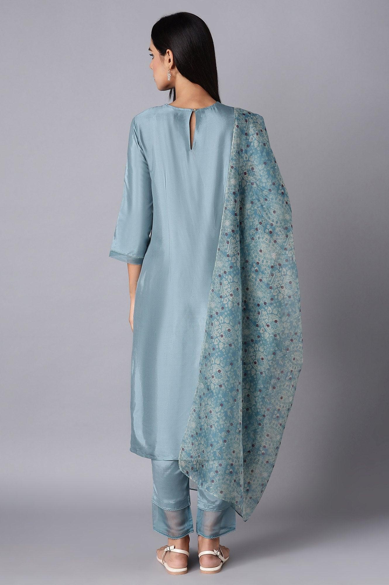 Light Blue kurta-Slim Pant- Dupatta Set - wforwoman