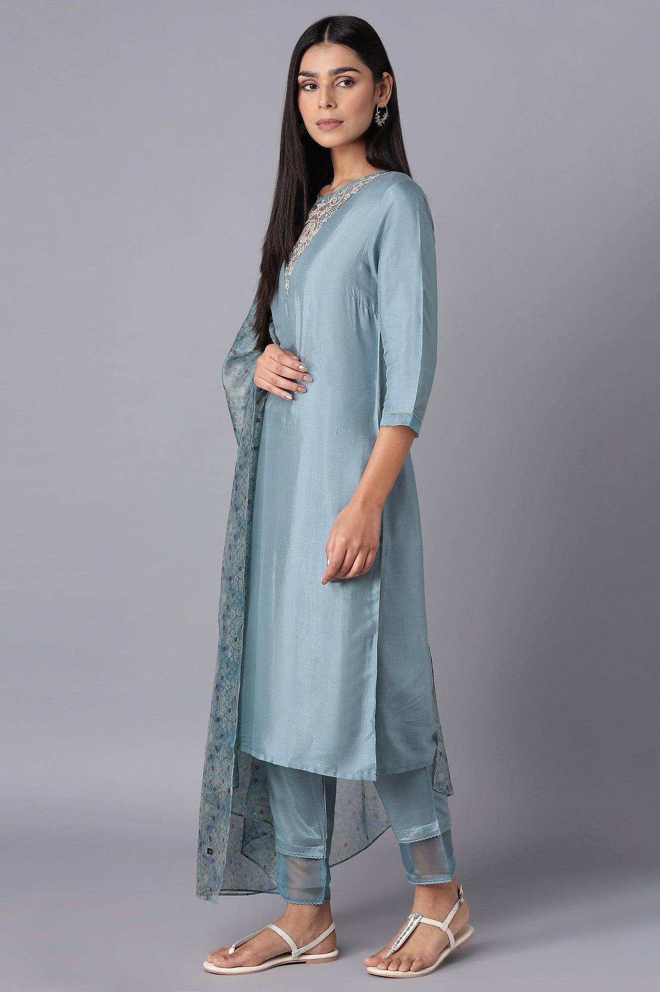 Light Blue kurta-Slim Pant- Dupatta Set - wforwoman