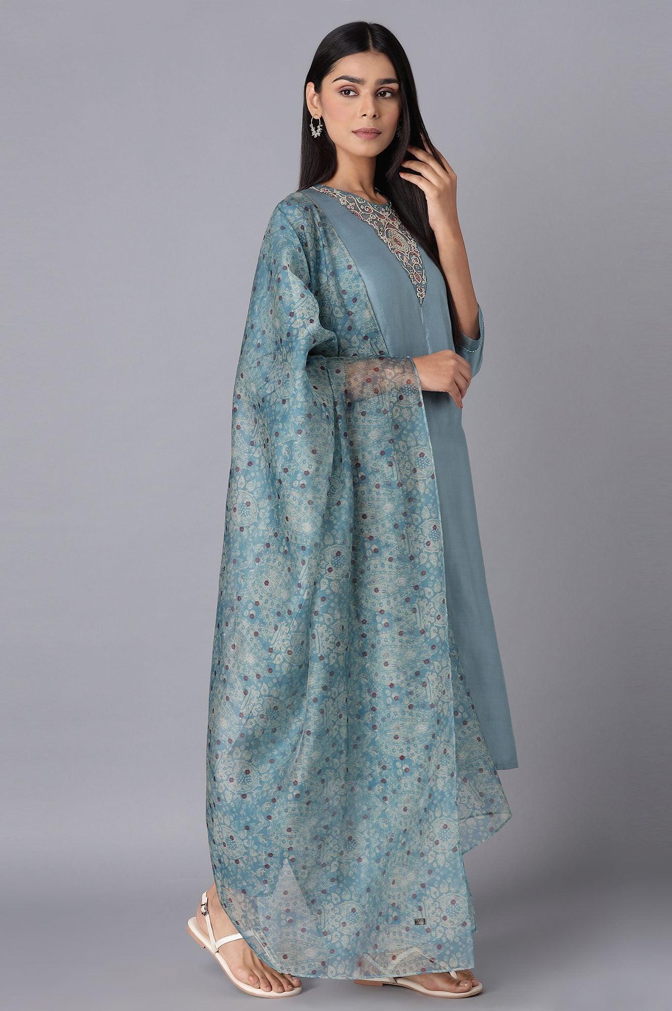 Light Blue kurta-Slim Pant- Dupatta Set - wforwoman