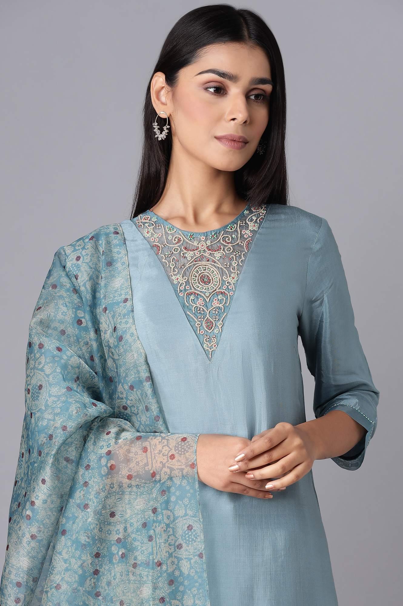 Light Blue kurta-Slim Pant- Dupatta Set - wforwoman