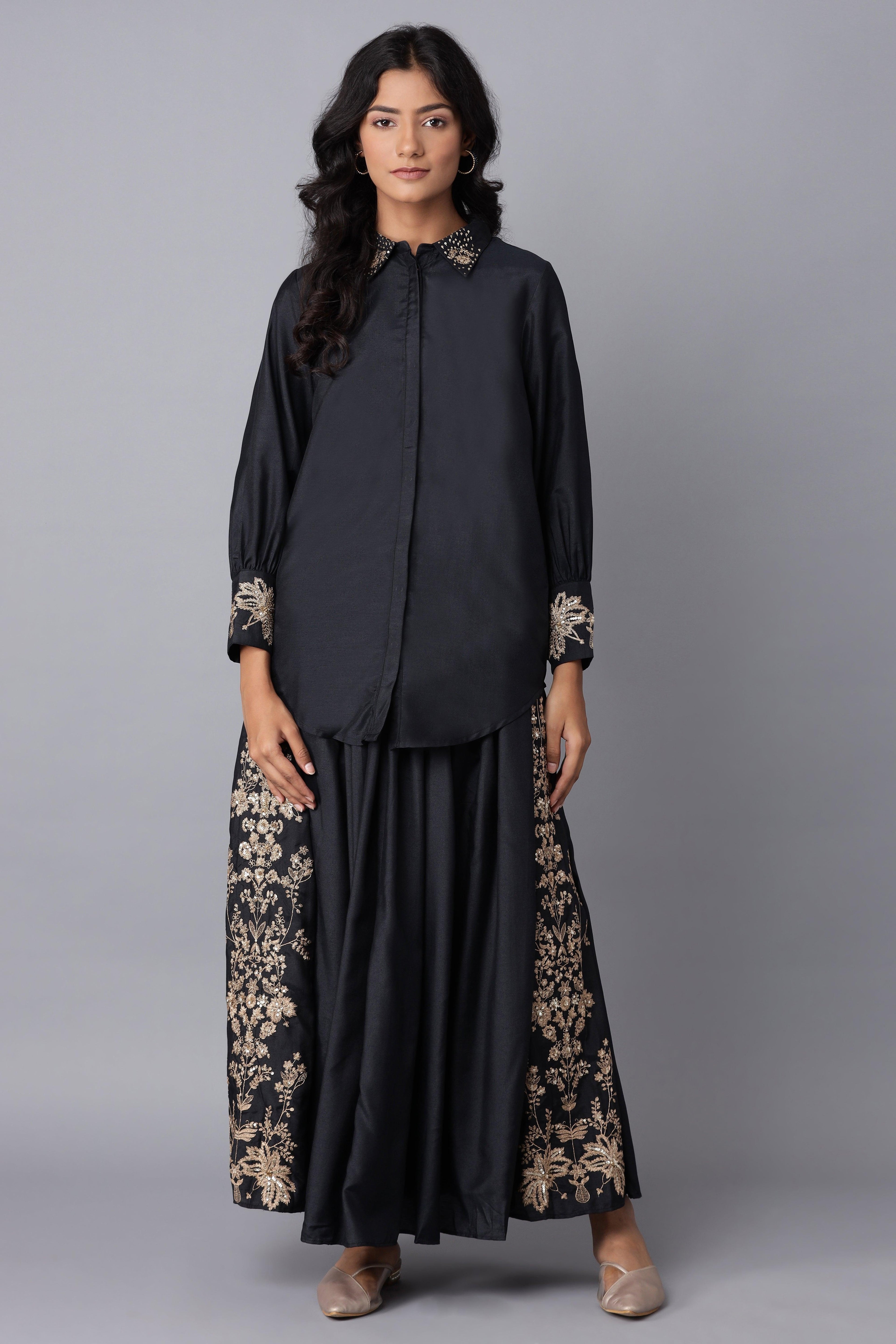 Navy Blue Embroidered Victorian Shirt-Skirt Set - wforwoman