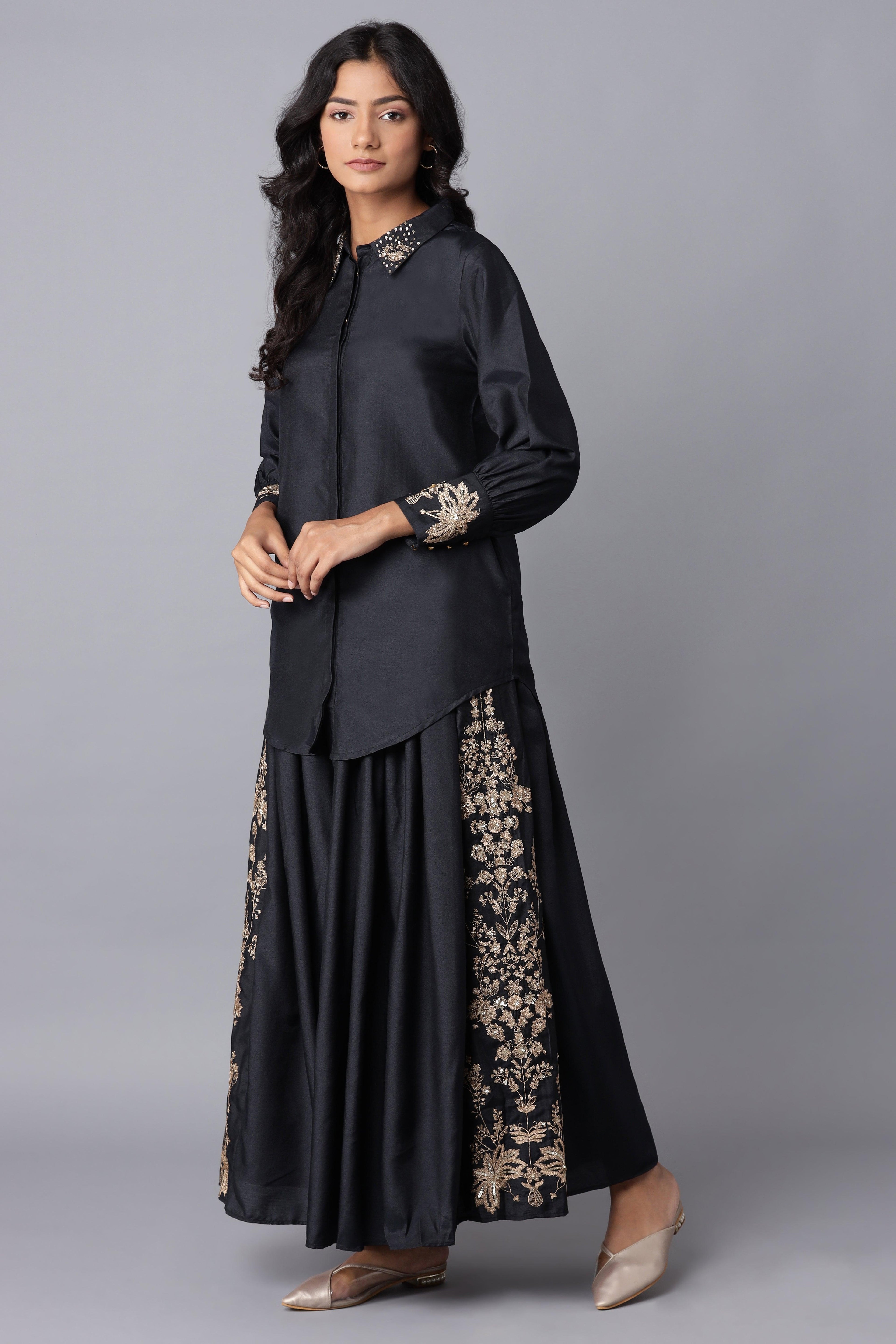 Navy Blue Embroidered Victorian Shirt-Skirt Set - wforwoman