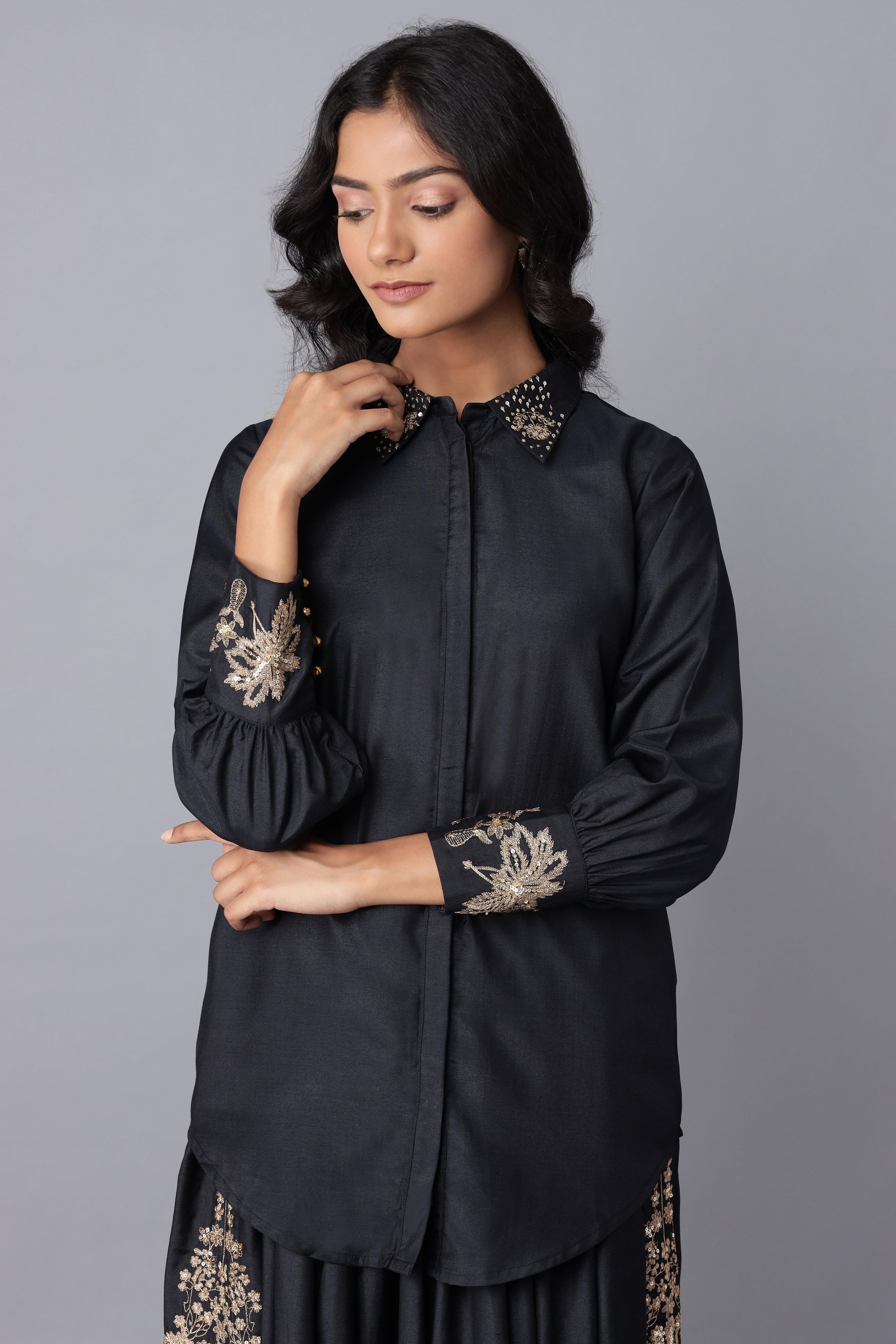 Navy Blue Embroidered Victorian Shirt-Skirt Set - wforwoman