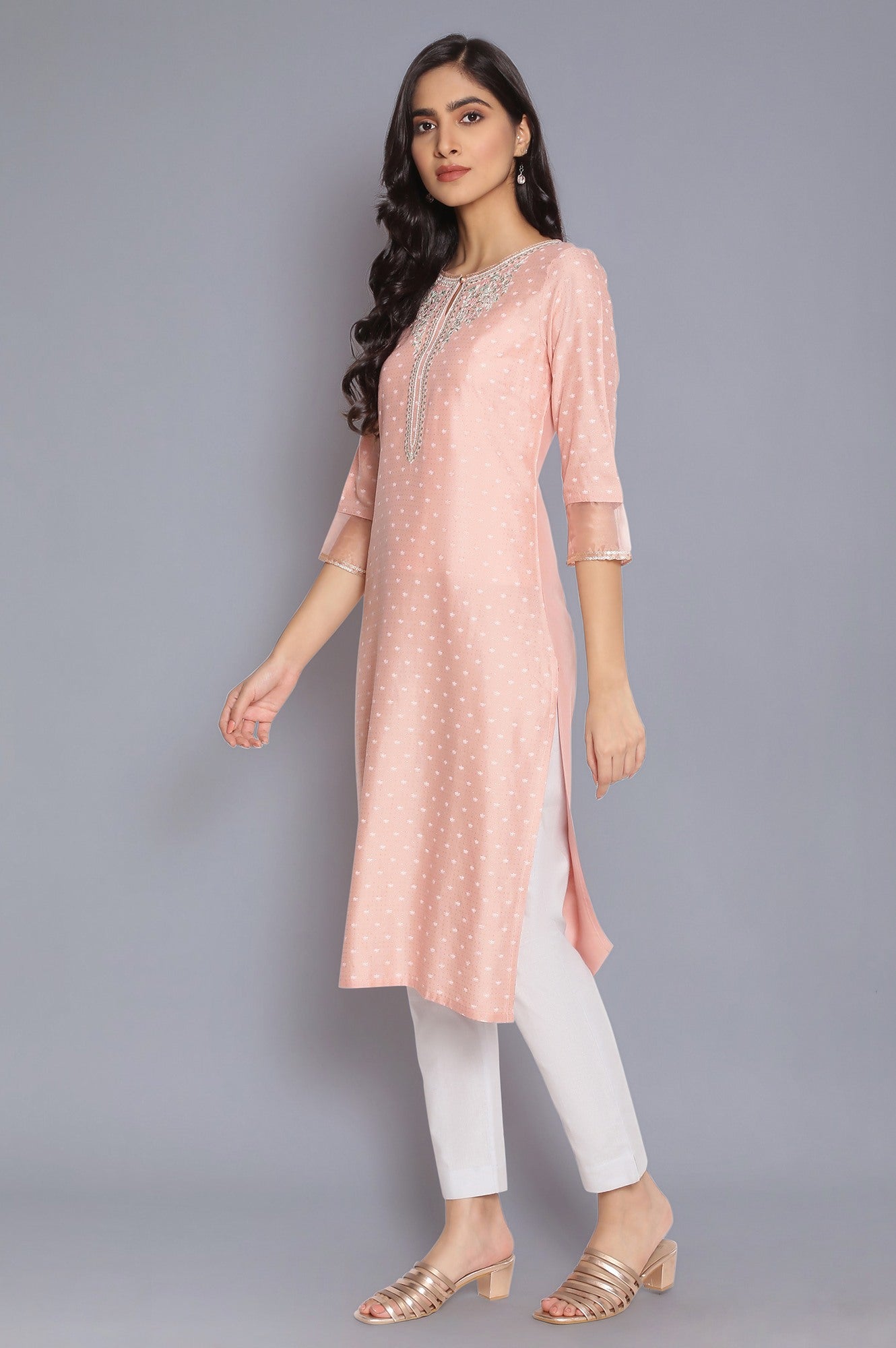 Pink Printed kurta with Embroidery