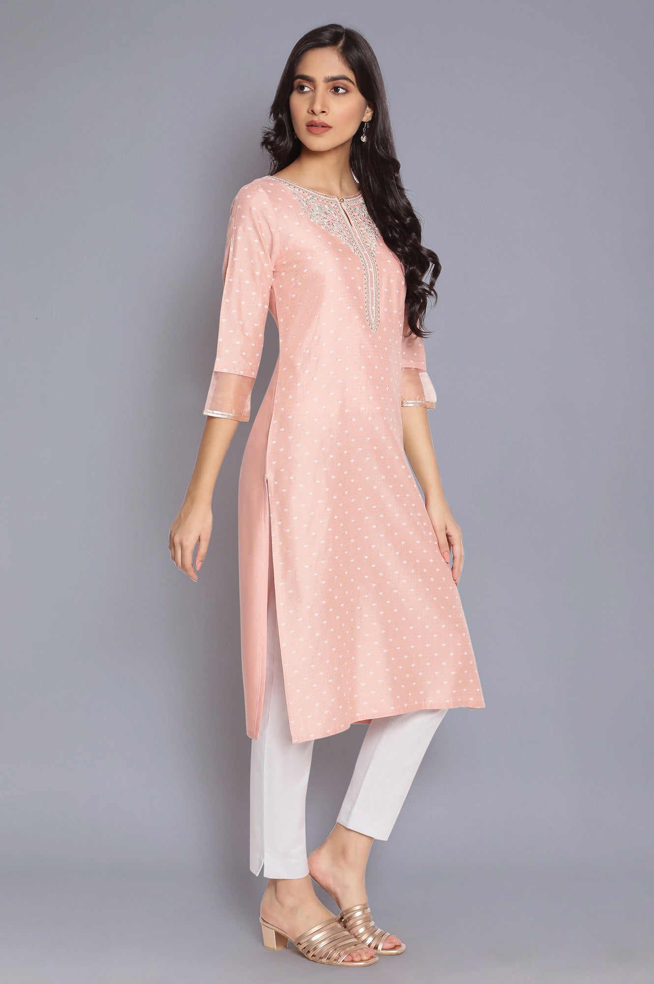 Pink Printed kurta with Embroidery