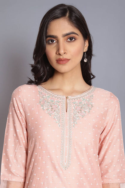 Pink Printed kurta with Embroidery