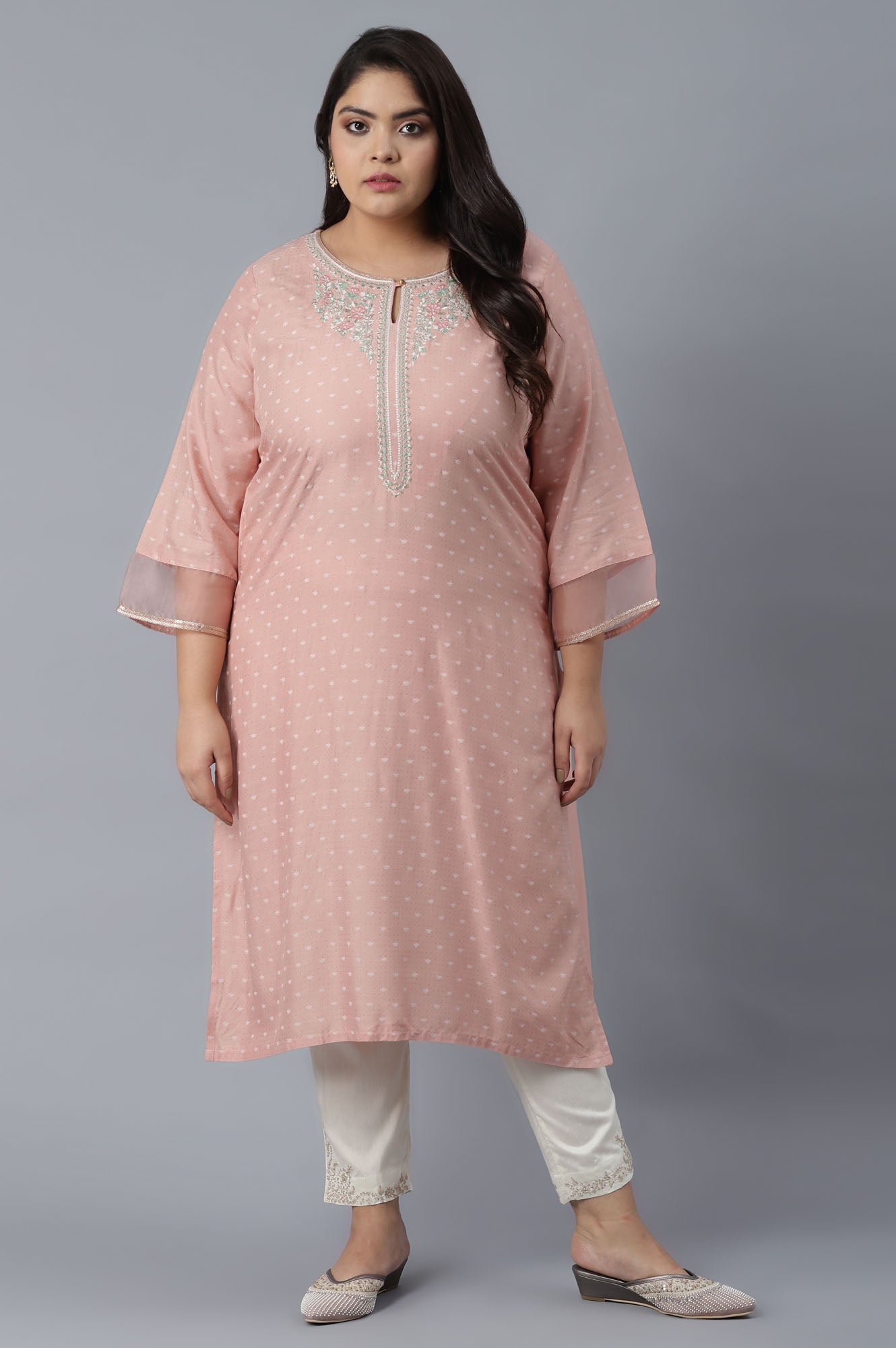 Pink Printed kurta with Embroidery