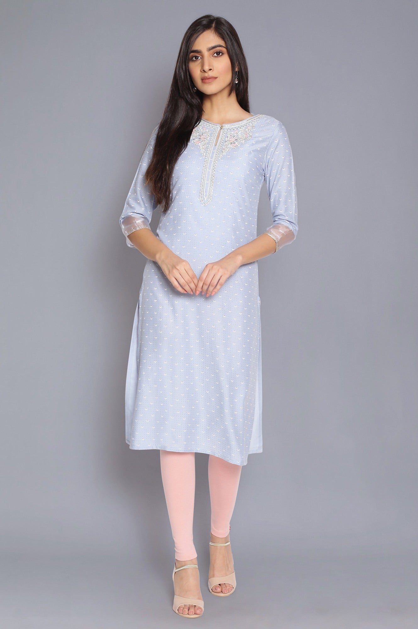 Light Blue Printed kurta with Embroidery