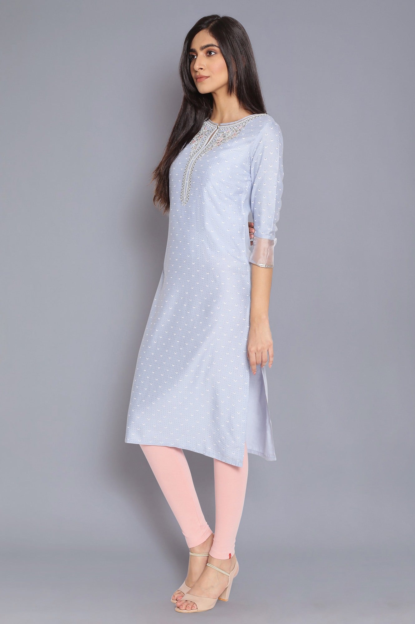 Light Blue Printed kurta with Embroidery