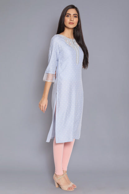 Light Blue Printed kurta with Embroidery