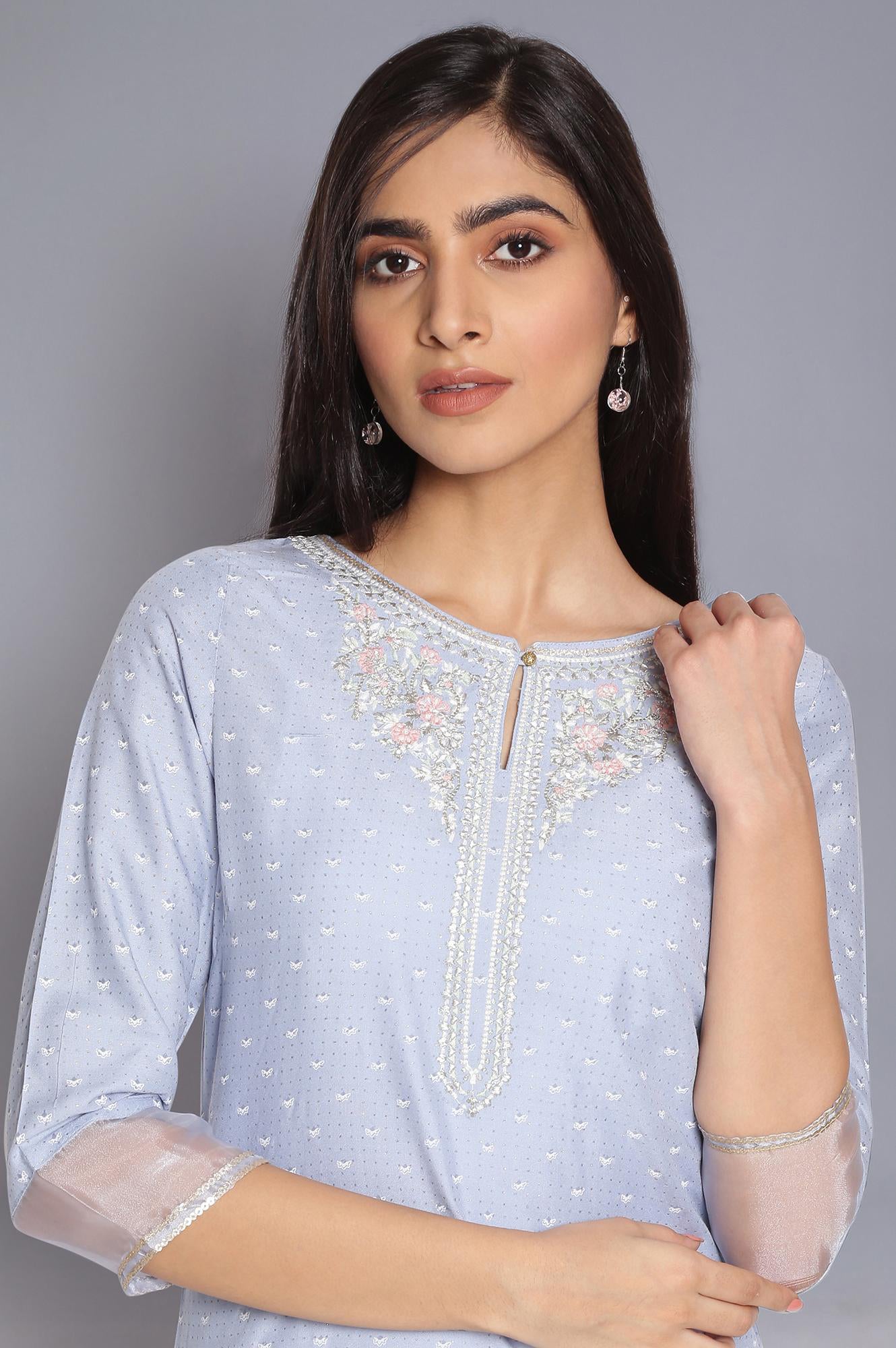 Light Blue Printed kurta with Embroidery