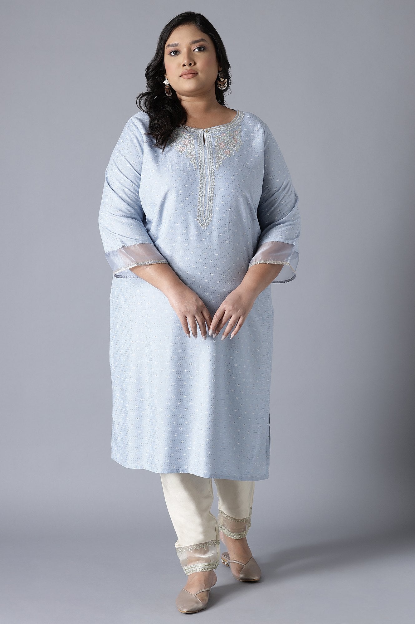 Light Blue Printed kurta with Embroidery