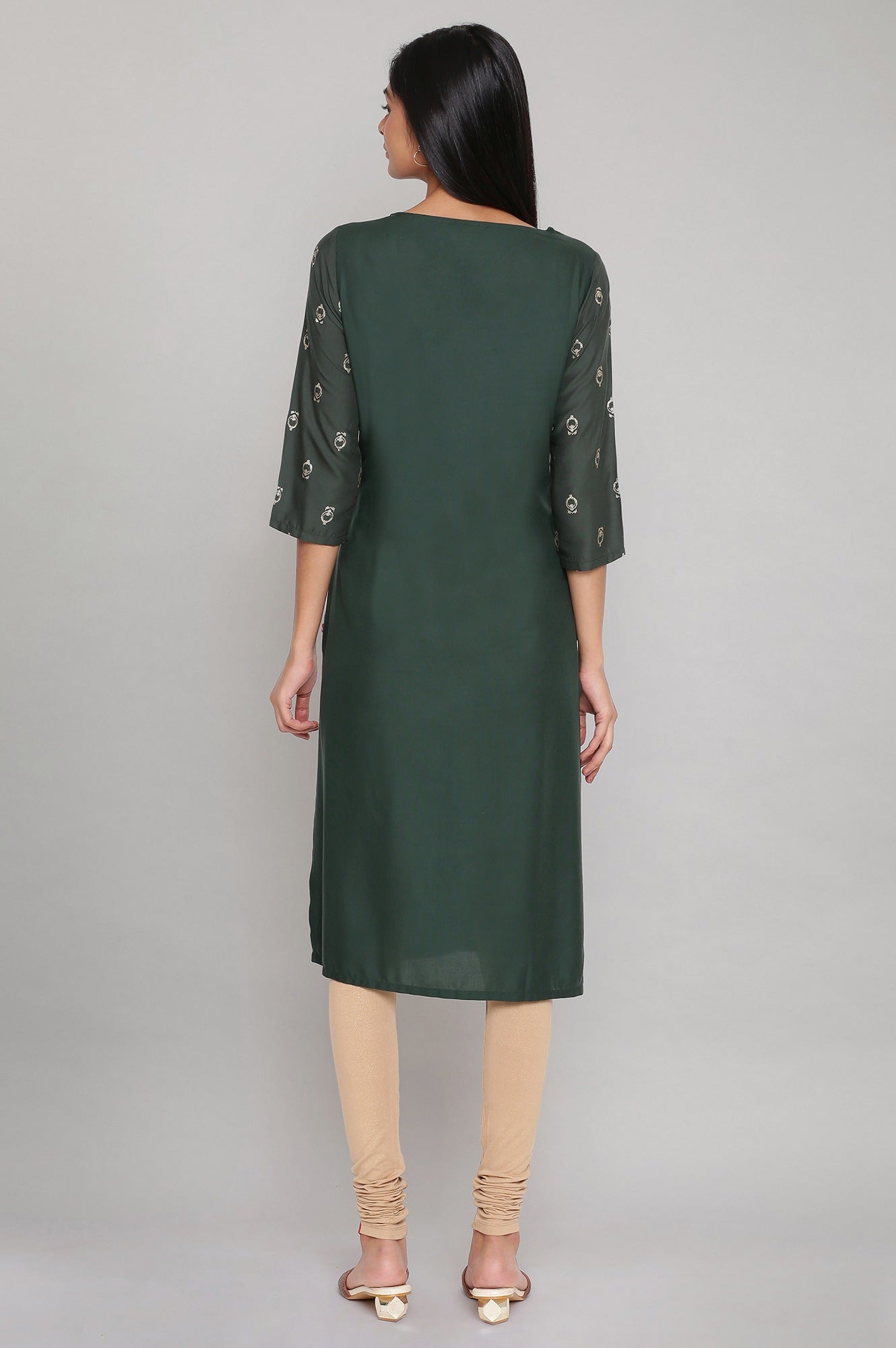 Dark Green Printed kurta with Embroidery