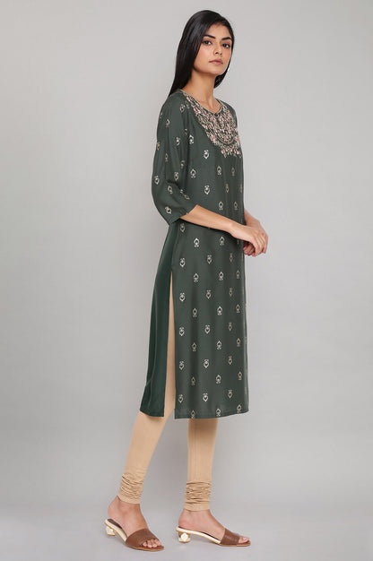 Dark Green Printed kurta with Embroidery