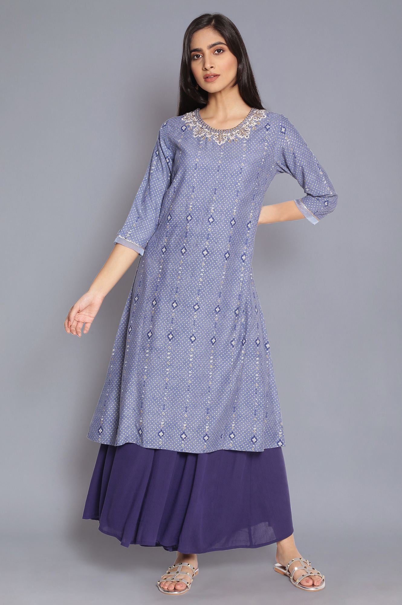 Blue A-line kurta with Embroidery