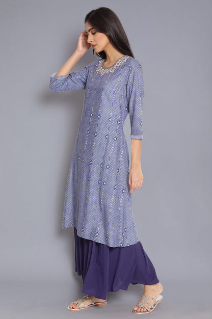 Blue A-line kurta with Embroidery