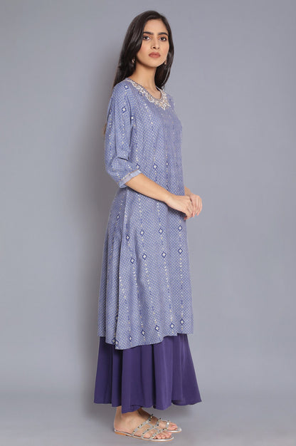 Blue A-line kurta with Embroidery