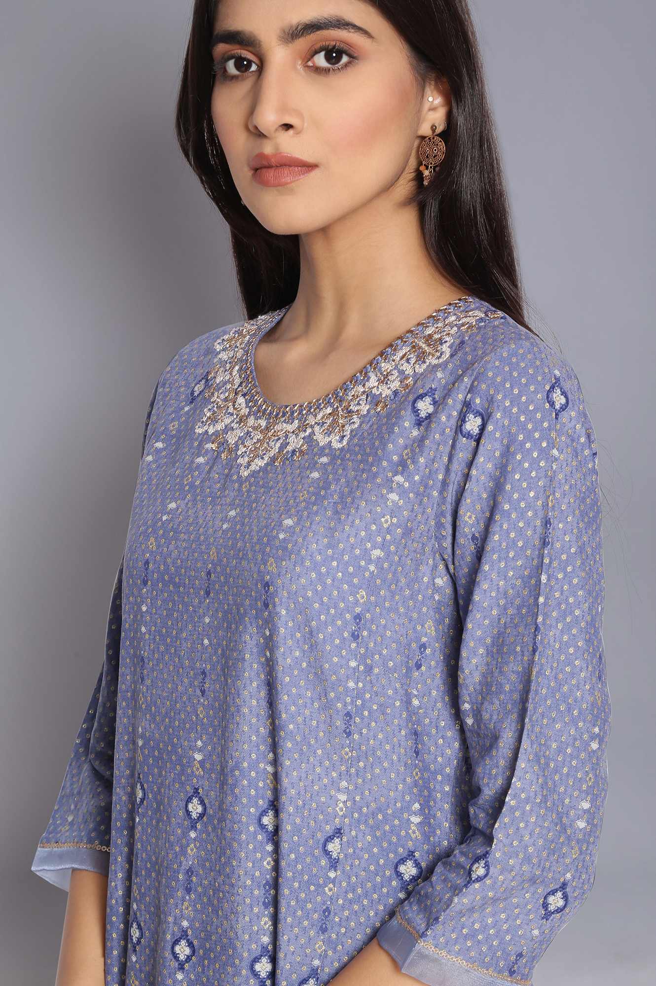 Blue A-line kurta with Embroidery