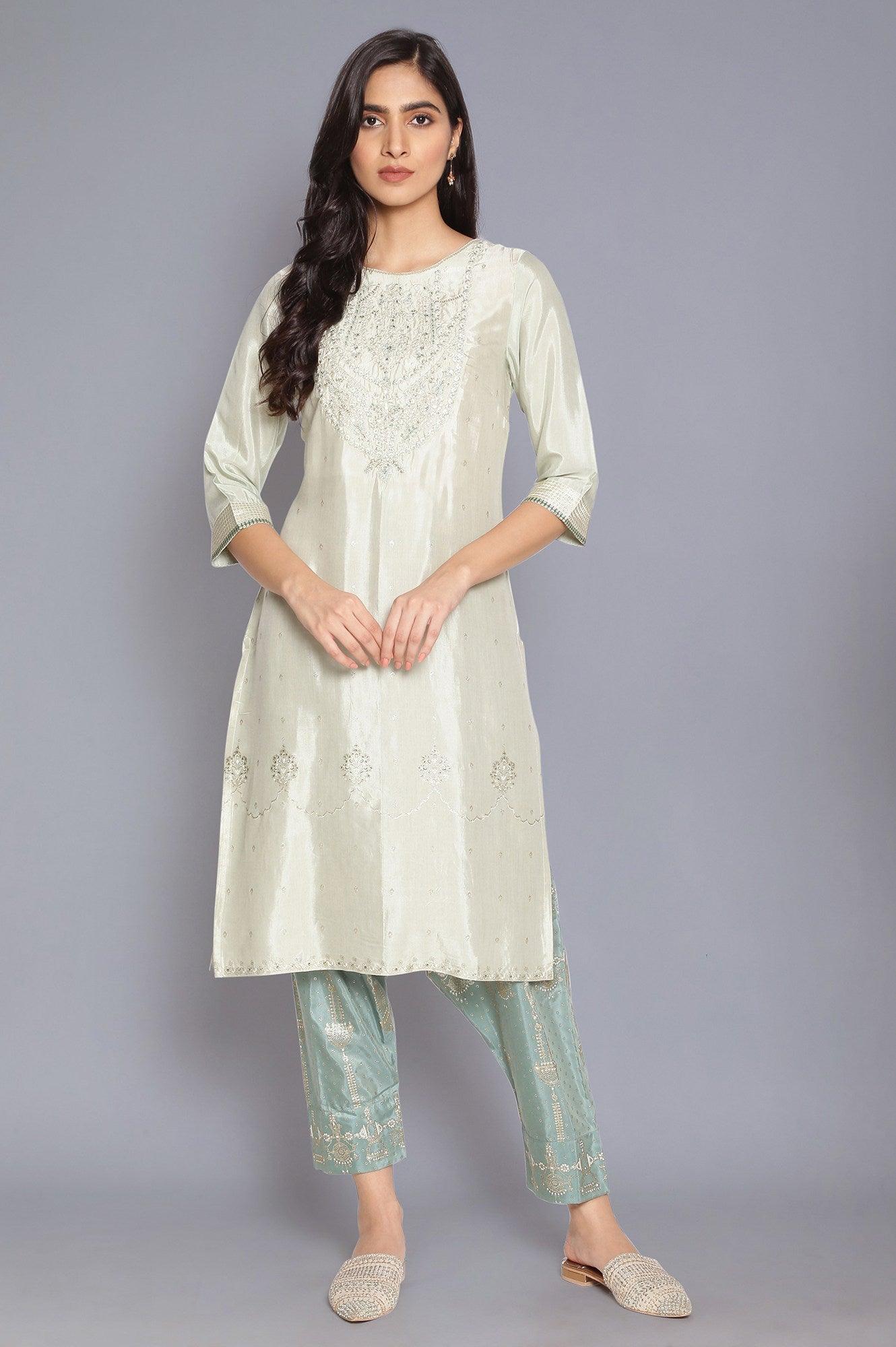 Green Shantung kurta with Embroidery - wforwoman