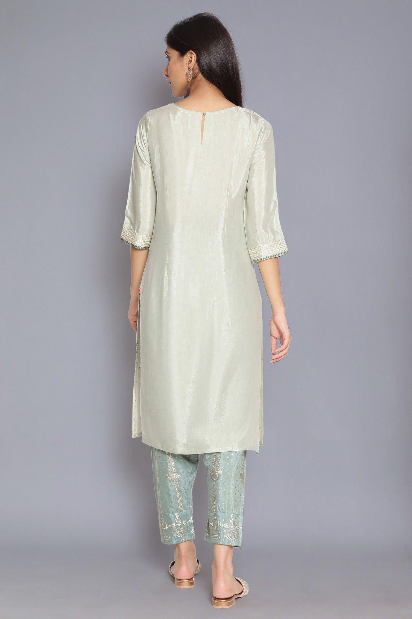 Green Shantung kurta with Embroidery - wforwoman