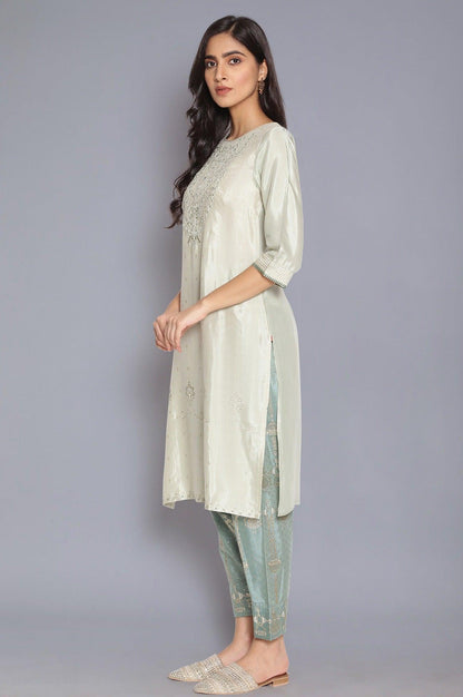 Green Shantung kurta with Embroidery - wforwoman