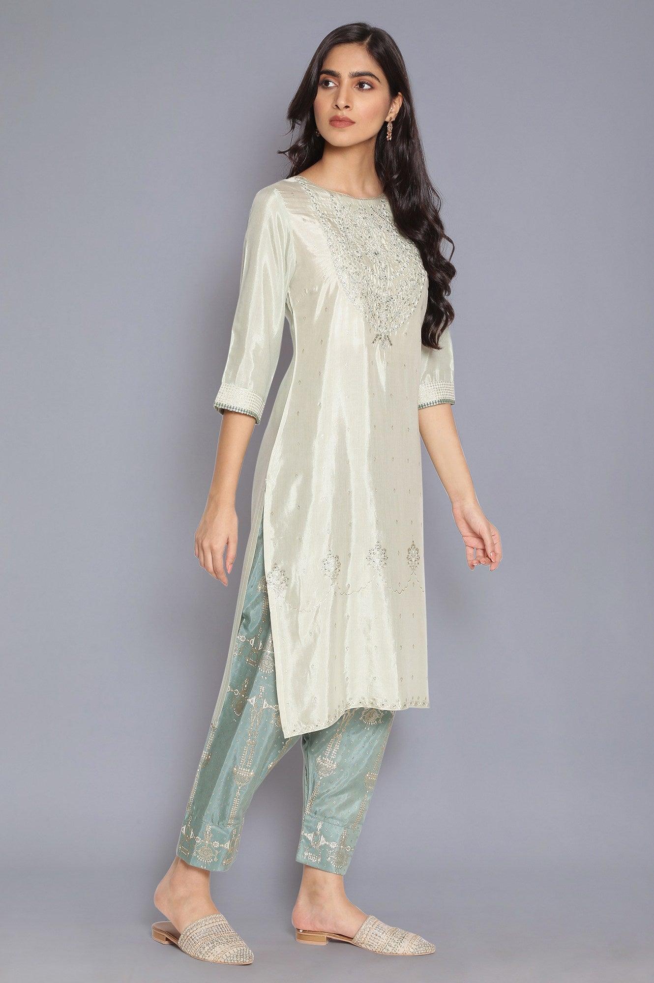 Green Shantung kurta with Embroidery - wforwoman