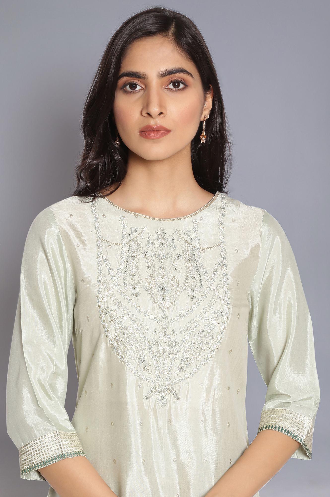 Green Shantung kurta with Embroidery - wforwoman