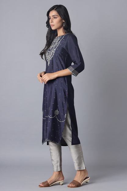 Navy Shantung kurta with Embroidery